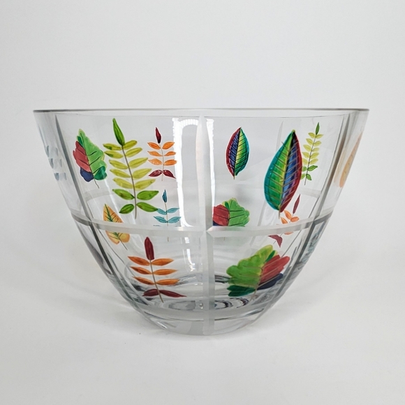 Romanian Crystal Bowl Hand Painted & Etched Leaves Beveled Squares Colorful Deco - Picture 6 of 16